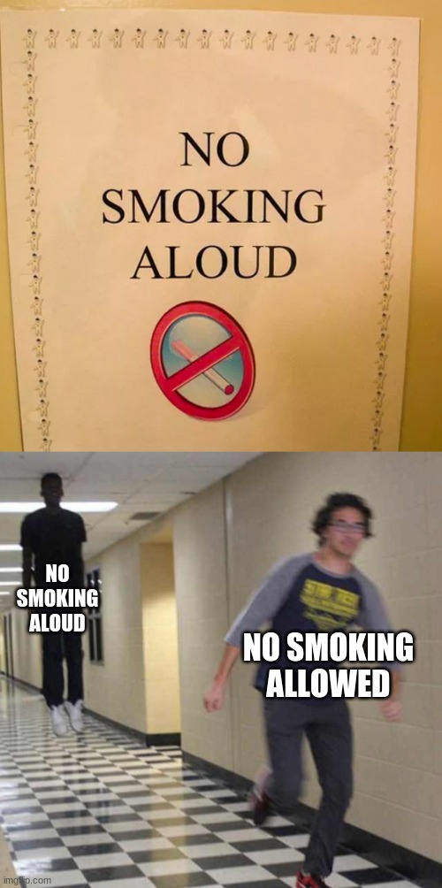 NO SMOKING ALOUD; NO SMOKING ALLOWED | image tagged in floating boy chasing running boy | made w/ Imgflip meme maker
