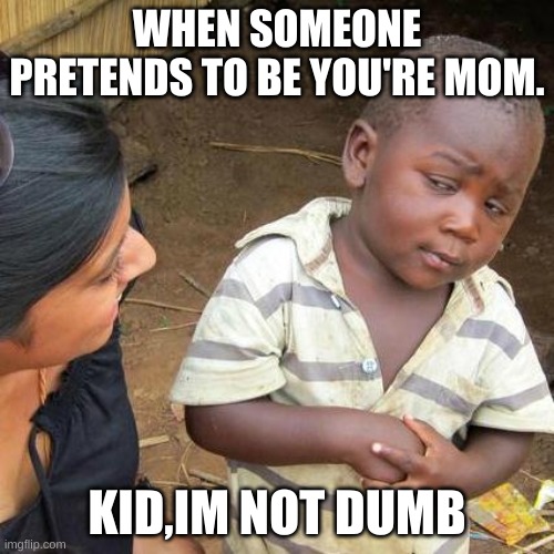 hehe | WHEN SOMEONE PRETENDS TO BE YOU'RE MOM. KID,IM NOT DUMB | image tagged in memes,third world skeptical kid | made w/ Imgflip meme maker