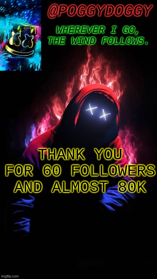 Poggydoggy temp | THANK YOU FOR 60 FOLLOWERS AND ALMOST 80K | image tagged in poggydoggy temp | made w/ Imgflip meme maker