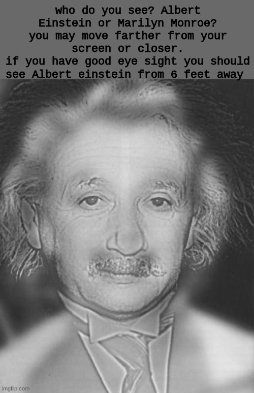 so we posting optical illusions now? bet | who do you see? Albert Einstein or Marilyn Monroe?
you may move farther from your screen or closer.
if you have good eye sight you should see Albert einstein from 6 feet away | made w/ Imgflip meme maker
