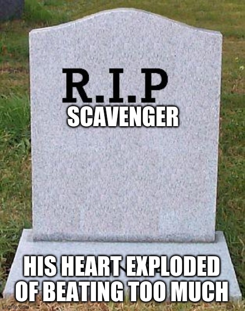 RIP headstone | SCAVENGER HIS HEART EXPLODED OF BEATING TOO MUCH | image tagged in rip headstone | made w/ Imgflip meme maker