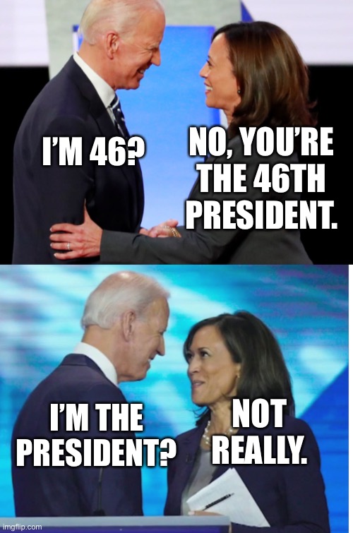 Plausible | NO, YOU’RE THE 46TH PRESIDENT. I’M 46? NOT REALLY. I’M THE PRESIDENT? | image tagged in biden harris,get a room | made w/ Imgflip meme maker