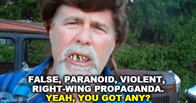 Trump voter. | FALSE, PARANOID, VIOLENT, 
RIGHT-WING PROPAGANDA. YEAH, YOU GOT ANY? | image tagged in angry redneck hillbilly trump voter,false,paranoid,violent,right wing,trump | made w/ Imgflip meme maker