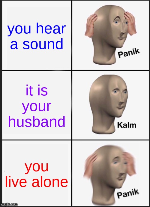 Panik Kalm Panik | you hear a sound; it is your husband; you live alone | image tagged in memes,panik kalm panik | made w/ Imgflip meme maker