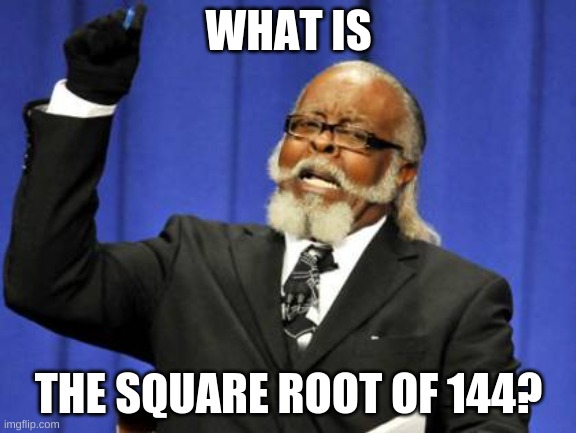 answer in comment pls | WHAT IS; THE SQUARE ROOT OF 144? | image tagged in memes,too damn high | made w/ Imgflip meme maker