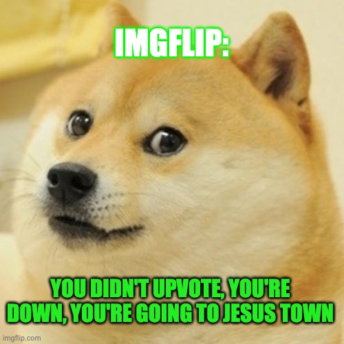 Doge Meme | IMGFLIP: YOU DIDN'T UPVOTE, YOU'RE DOWN, YOU'RE GOING TO JESUS TOWN | image tagged in memes,doge | made w/ Imgflip meme maker