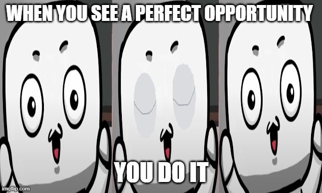 The Perfect Opportunity | WHEN YOU SEE A PERFECT OPPORTUNITY; YOU DO IT | image tagged in eye blink meme | made w/ Imgflip meme maker