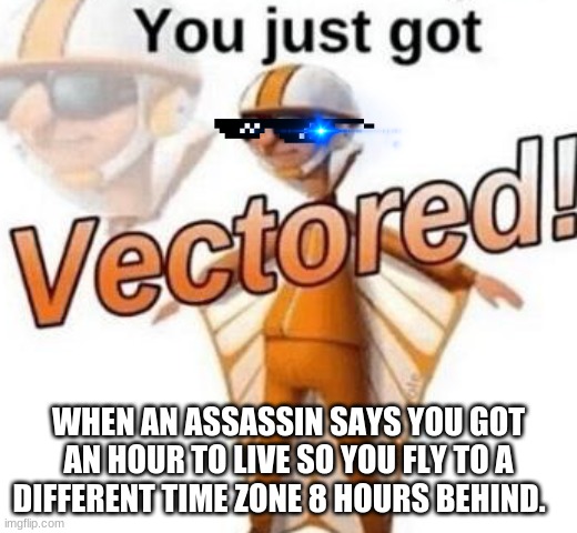 You just got vectored | WHEN AN ASSASSIN SAYS YOU GOT AN HOUR TO LIVE SO YOU FLY TO A DIFFERENT TIME ZONE 8 HOURS BEHIND. | image tagged in you just got vectored | made w/ Imgflip meme maker
