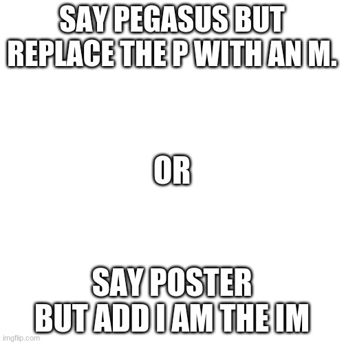 Blank Transparent Square Meme | SAY PEGASUS BUT REPLACE THE P WITH AN M. OR; SAY POSTER BUT ADD I AM THE IM | image tagged in memes,blank transparent square | made w/ Imgflip meme maker