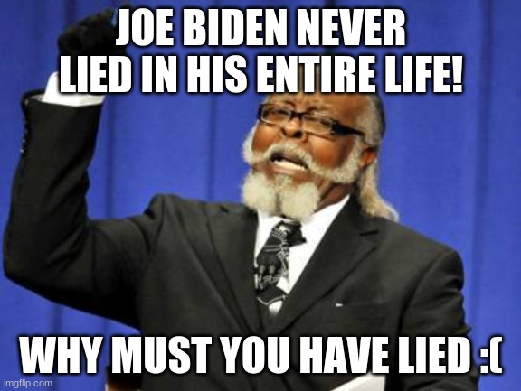 kinda respectabul | JOE BIDEN NEVER LIED IN HIS ENTIRE LIFE! WHY MUST YOU HAVE LIED :( | image tagged in memes,too damn high | made w/ Imgflip meme maker