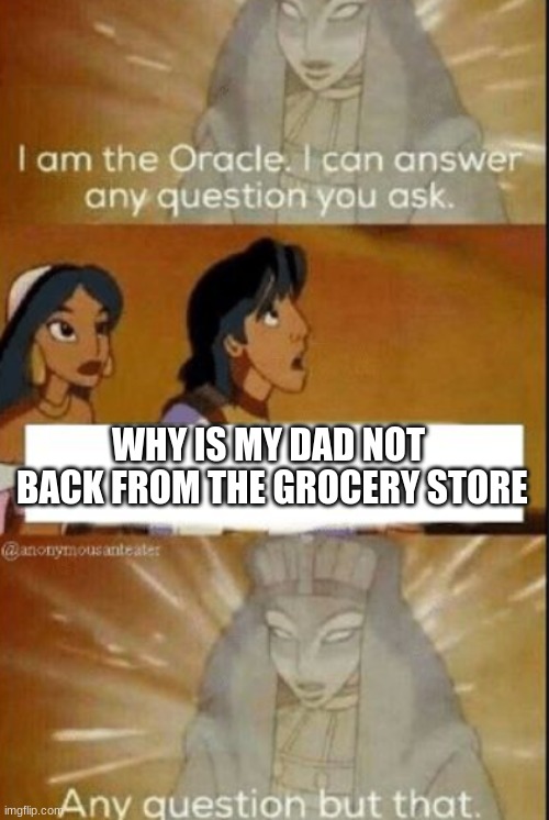 The oracle | WHY IS MY DAD NOT
 BACK FROM THE GROCERY STORE | image tagged in the oracle | made w/ Imgflip meme maker