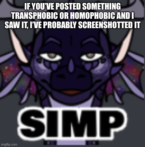 Just a warning to Thin-Man. | IF YOU’VE POSTED SOMETHING TRANSPHOBIC OR HOMOPHOBIC AND I SAW IT, I’VE PROBABLY SCREENSHOTTED IT | image tagged in peacemaker simp | made w/ Imgflip meme maker