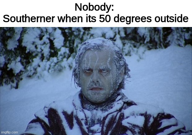 ITS SO FREAKIN COLD GOOOOOOOOOOD!!!! |  Nobody: 
Southerner when its 50 degrees outside | image tagged in cold,southern | made w/ Imgflip meme maker