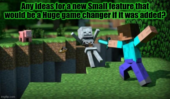 Minecraft survey #29 | Any ideas for a new Small feature that would be a Huge game changer if it was added? | image tagged in minecraft swordsman,survey,minecraft | made w/ Imgflip meme maker