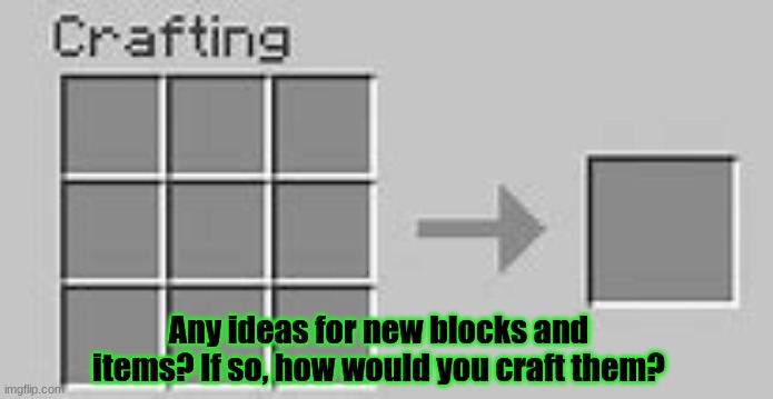 Minecraft survey #30 | Any ideas for new blocks and items? If so, how would you craft them? | image tagged in minecraft crafting,survey,minecraft | made w/ Imgflip meme maker