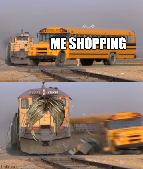 Karen destroys you | ME SHOPPING | image tagged in a train hitting a school bus | made w/ Imgflip meme maker