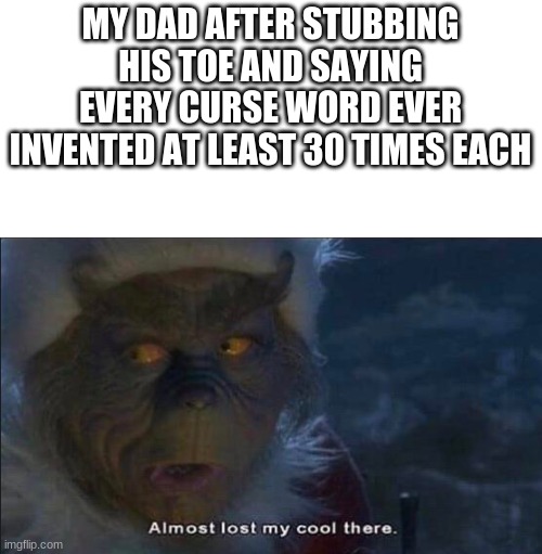 Almost Lost My Cool There | MY DAD AFTER STUBBING HIS TOE AND SAYING EVERY CURSE WORD EVER INVENTED AT LEAST 30 TIMES EACH | image tagged in almost lost my cool there | made w/ Imgflip meme maker