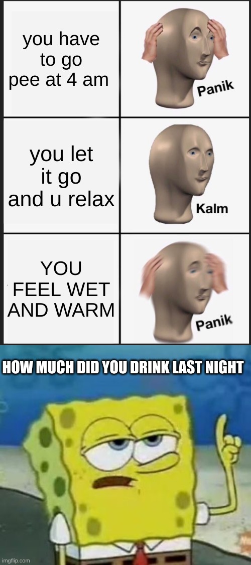 you have to go pee at 4 am; you let it go and u relax; YOU FEEL WET AND WARM; HOW MUCH DID YOU DRINK LAST NIGHT | image tagged in memes,panik kalm panik,i'll have you know spongebob | made w/ Imgflip meme maker