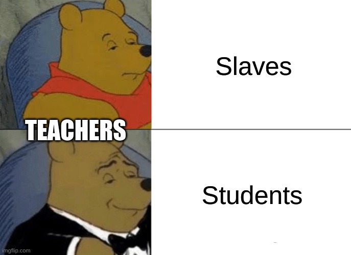 How I feel about school | Slaves; TEACHERS; Students | image tagged in memes,tuxedo winnie the pooh | made w/ Imgflip meme maker