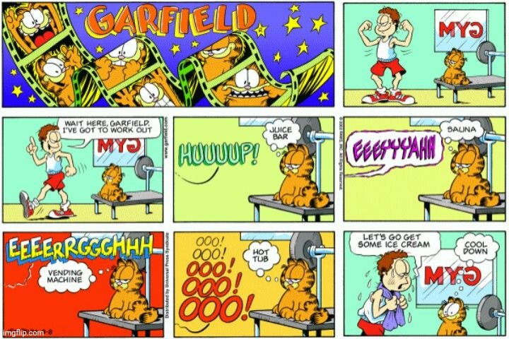 Garfield at the gym | image tagged in garfield,comics/cartoons,comics,comic,gym | made w/ Imgflip meme maker