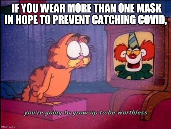 Garfield and binky the clown | IF YOU WEAR MORE THAN ONE MASK IN HOPE TO PREVENT CATCHING COVID, | image tagged in garfield and binky the clown | made w/ Imgflip meme maker