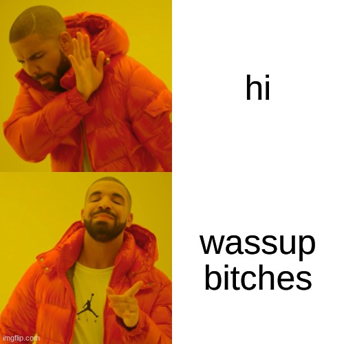 hi i don't know what to say | hi; wassup bitches | image tagged in memes,drake hotline bling | made w/ Imgflip meme maker