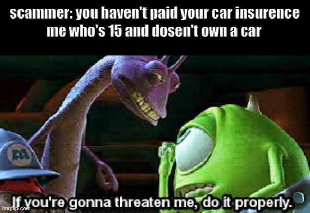 If you're going to threaten me, do it properly | scammer: you haven't paid your car insurence; me who's 15 and dosen't own a car | image tagged in if you're going to threaten me do it properly | made w/ Imgflip meme maker