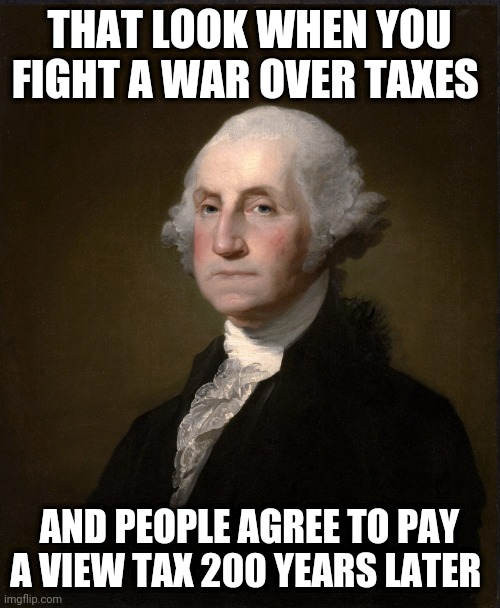 NY has some balls asking for a special tax if you have a nice view. | THAT LOOK WHEN YOU FIGHT A WAR OVER TAXES; AND PEOPLE AGREE TO PAY A VIEW TAX 200 YEARS LATER | image tagged in george washington,taxes,taxation is theft,greedy | made w/ Imgflip meme maker