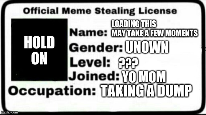 ooooooh | HOLD ON; LOADING THIS MAY TAKE A FEW MOMENTS; UNOWN; ??? YO MOM; TAKING A DUMP | image tagged in meme stealing license | made w/ Imgflip meme maker