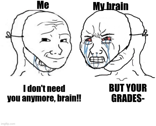 Me vs. my brain | Me; My brain; BUT YOUR GRADES-; I don't need you anymore, brain!! | image tagged in brain,dumb,i don't care | made w/ Imgflip meme maker