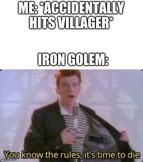 You know the rules, it's time to die | ME: *ACCIDENTALLY HITS VILLAGER*; IRON GOLEM: | image tagged in you know the rules it's time to die | made w/ Imgflip meme maker