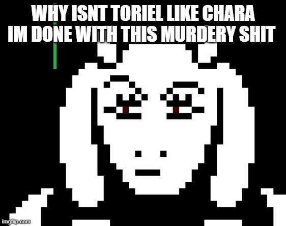 Undertale - Toriel | WHY ISNT TORIEL LIKE CHARA IM DONE WITH THIS MURDERY SHIT | image tagged in undertale - toriel | made w/ Imgflip meme maker