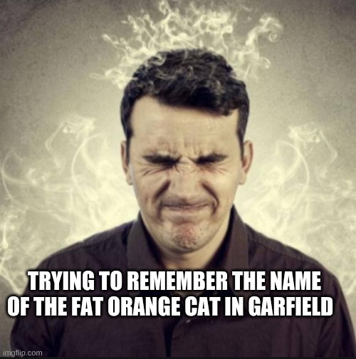 rack your brain | TRYING TO REMEMBER THE NAME OF THE FAT ORANGE CAT IN GARFIELD | image tagged in garfield,why,fun,forgetful | made w/ Imgflip meme maker