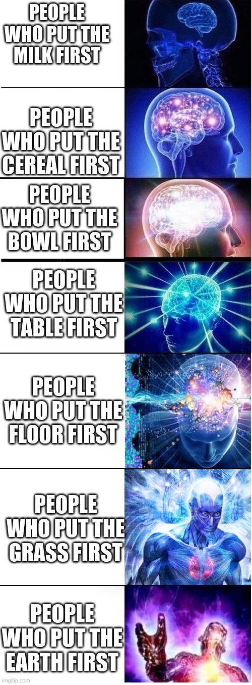 Yes | PEOPLE WHO PUT THE MILK FIRST; PEOPLE WHO PUT THE CEREAL FIRST; PEOPLE WHO PUT THE BOWL FIRST; PEOPLE WHO PUT THE TABLE FIRST; PEOPLE WHO PUT THE FLOOR FIRST; PEOPLE WHO PUT THE GRASS FIRST; PEOPLE WHO PUT THE EARTH FIRST | image tagged in expanding brain extended 2 | made w/ Imgflip meme maker