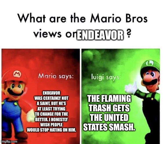 Mario Bros Views | ENDEAVOR; ENDEAVOR WAS CERTAINLY NOT A SAINT, BUT HE'S AT LEAST TRYING TO CHANGE FOR THE BETTER. I HONESTLY WISH PEOPLE WOULD STOP HATING ON HIM. THE FLAMING TRASH GETS THE UNITED STATES SMASH. | image tagged in mario bros views | made w/ Imgflip meme maker