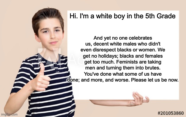 #mensrights | And yet no one celebrates us, decent white males who didn't even disrespect blacks or women. We get no holidays; blacks and females get too much. Feminists are taking men and turning them into brutes. You've done what some of us have done; and more, and worse. Please let us be now. Hi. I'm a white boy in the 5th Grade | image tagged in mens rights,stupid liberals | made w/ Imgflip meme maker
