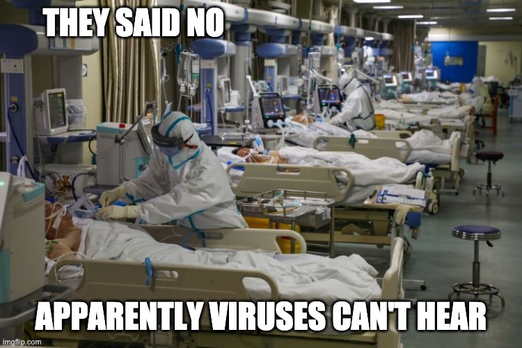 icu | THEY SAID NO APPARENTLY VIRUSES CAN'T HEAR | image tagged in icu | made w/ Imgflip meme maker