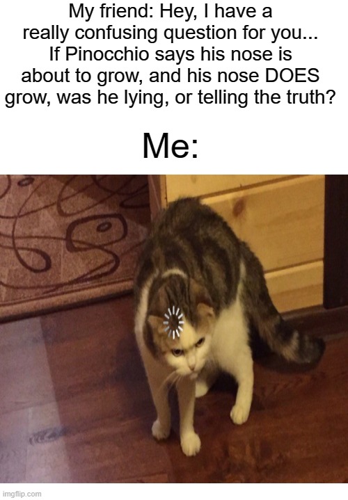 My friend: Hey, I have a really confusing question for you... If Pinocchio says his nose is about to grow, and his nose DOES grow, was he lying, or telling the truth? Me: | image tagged in cute kittens,kitten,kittens,brain loading,pinocchio | made w/ Imgflip meme maker