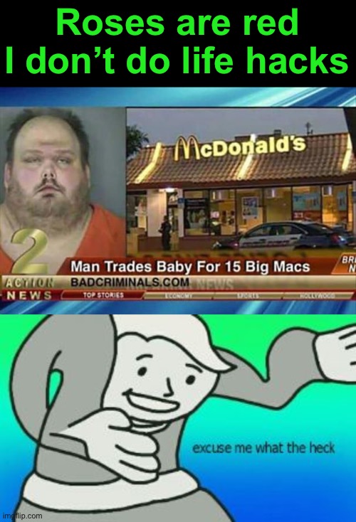 Excuse me what the hell? |  Roses are red

I don’t do life hacks | image tagged in excuse me what the heck,baby,big mac,news,macdonalds,memes | made w/ Imgflip meme maker