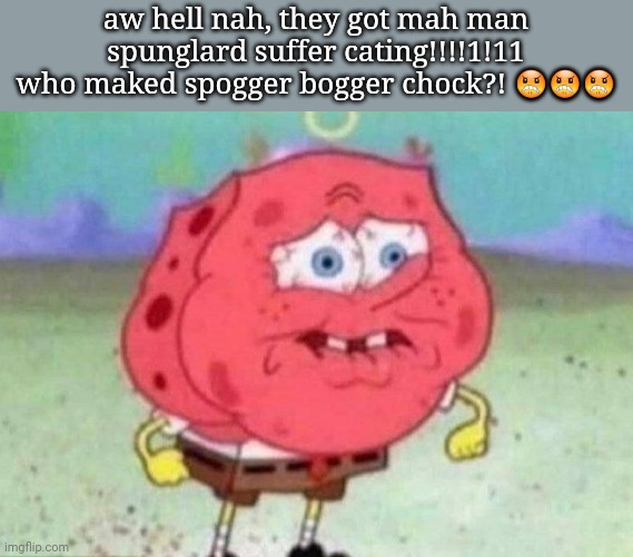 Who maded subg bomb be chonking? | aw hell nah, they got mah man spunglard suffer cating!!!!1!11
who maked spogger bogger chock?! 😠😠😠 | image tagged in spunch bop | made w/ Imgflip meme maker