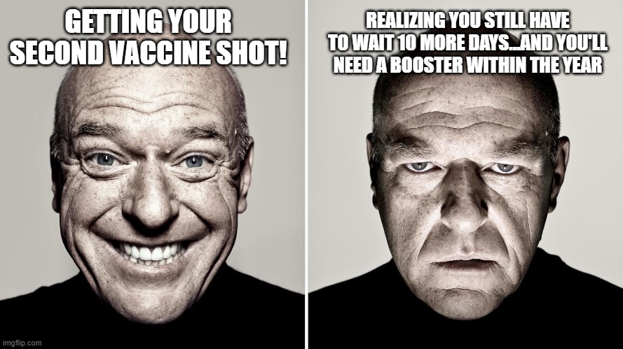 Ah shucks! | REALIZING YOU STILL HAVE TO WAIT 10 MORE DAYS...AND YOU'LL NEED A BOOSTER WITHIN THE YEAR; GETTING YOUR SECOND VACCINE SHOT! | image tagged in dean norris's reaction,vaccine | made w/ Imgflip meme maker