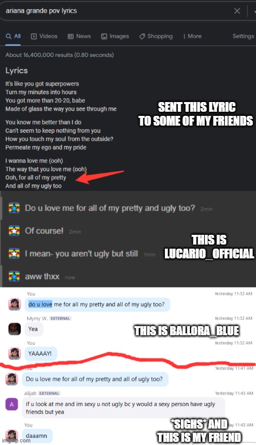 SENT THIS LYRIC TO SOME OF MY FRIENDS; THIS IS LUCARIO_OFFICIAL; THIS IS BALLORA_BLUE; *SIGHS* AND THIS IS MY FRIEND | made w/ Imgflip meme maker