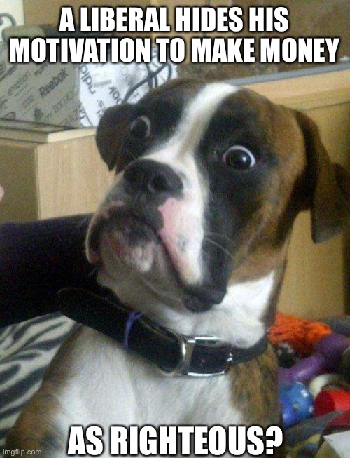 Blankie the Shocked Dog | A LIBERAL HIDES HIS MOTIVATION TO MAKE MONEY AS RIGHTEOUS? | image tagged in blankie the shocked dog | made w/ Imgflip meme maker