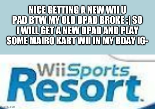 wii sports. | NICE GETTING A NEW WII U PAD BTW MY OLD DPAD BROKE :| SO I WILL GET A NEW DPAD AND PLAY SOME MAIRO KART WII IN MY BDAY IG- | image tagged in wii sports | made w/ Imgflip meme maker