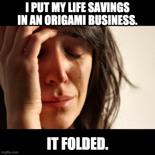 Origami | I PUT MY LIFE SAVINGS IN AN ORIGAMI BUSINESS. IT FOLDED. | image tagged in memes,first world problems | made w/ Imgflip meme maker