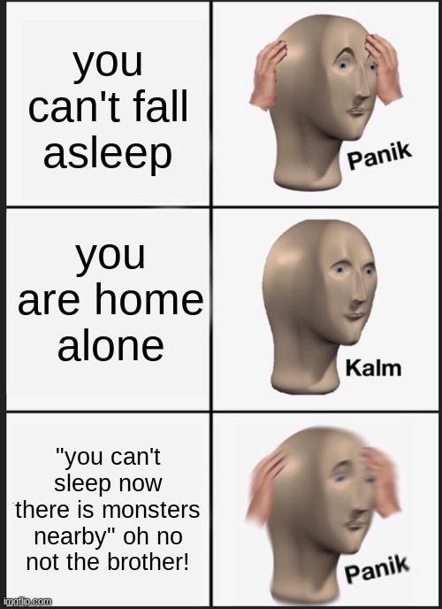 Panik Kalm Panik | you can't fall asleep; you are home alone; "you can't sleep now there is monsters nearby" oh no not the brother! | image tagged in memes,panik kalm panik | made w/ Imgflip meme maker