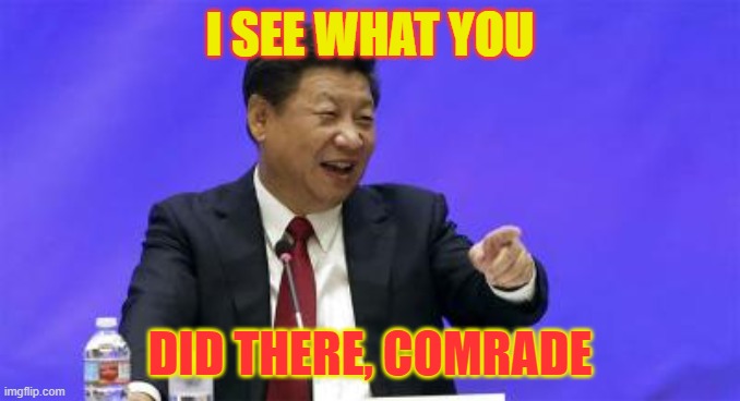 Xi Jinping Laughing | I SEE WHAT YOU DID THERE, COMRADE | image tagged in xi jinping laughing | made w/ Imgflip meme maker