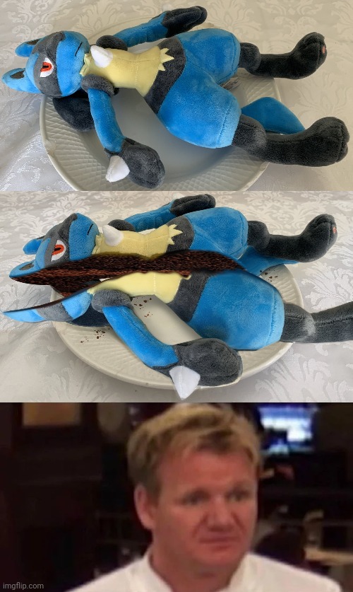 It is delicious cake. You must eat it. | image tagged in disgusted gordon ramsay,lucario,chocolate,cake,memes,barney will eat all of your delectable biscuits | made w/ Imgflip meme maker