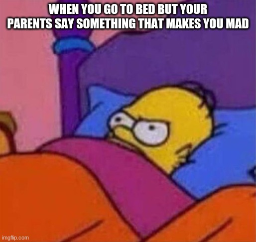 angry homer simpson in bed | WHEN YOU GO TO BED BUT YOUR PARENTS SAY SOMETHING THAT MAKES YOU MAD | image tagged in angry homer simpson in bed | made w/ Imgflip meme maker