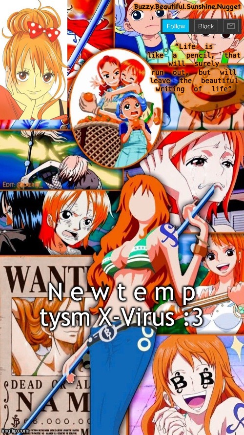 Nami temp tysm X-Virus :3 | N e w t e m p
tysm X-Virus :3 | image tagged in nami temp tysm x-virus 3 | made w/ Imgflip meme maker